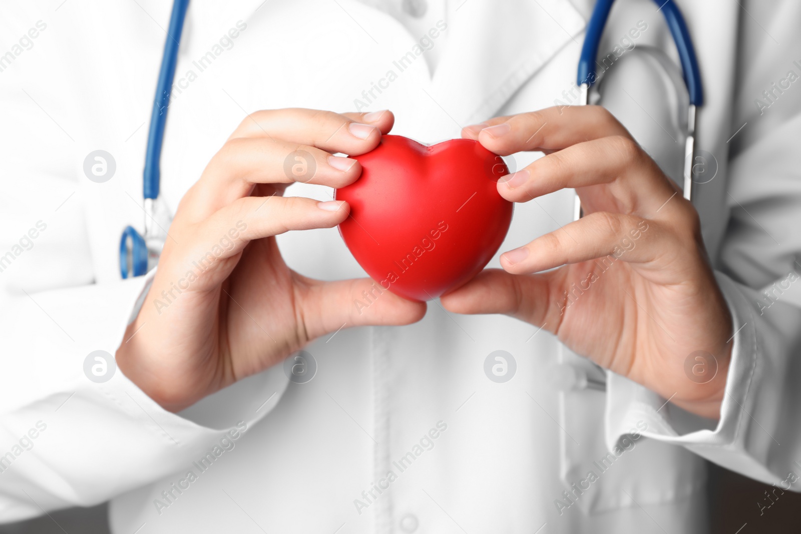 Photo of Doctor holding toy heart, closeup. Pulse checking