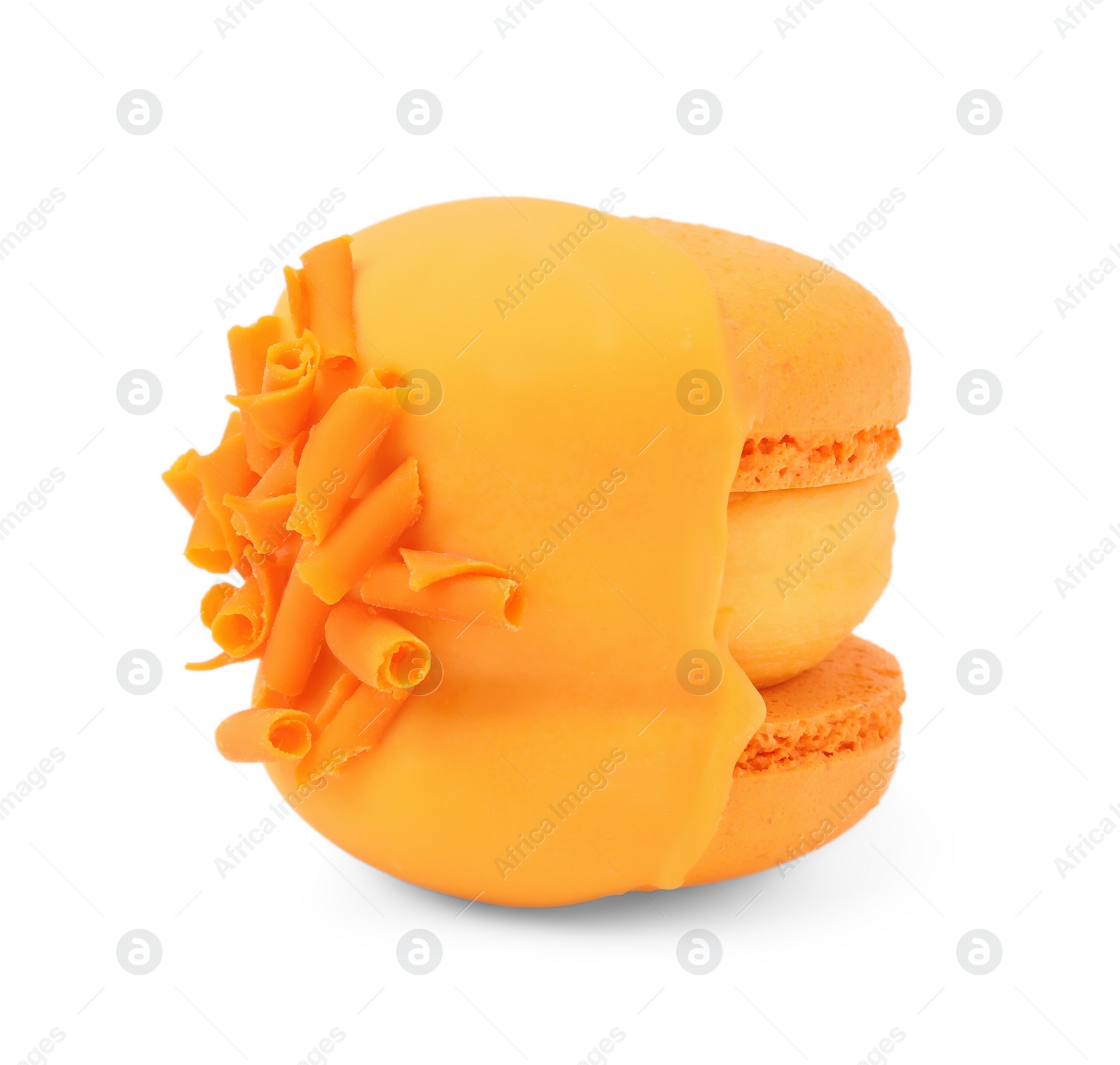 Photo of One delicious orange macaron isolated on white