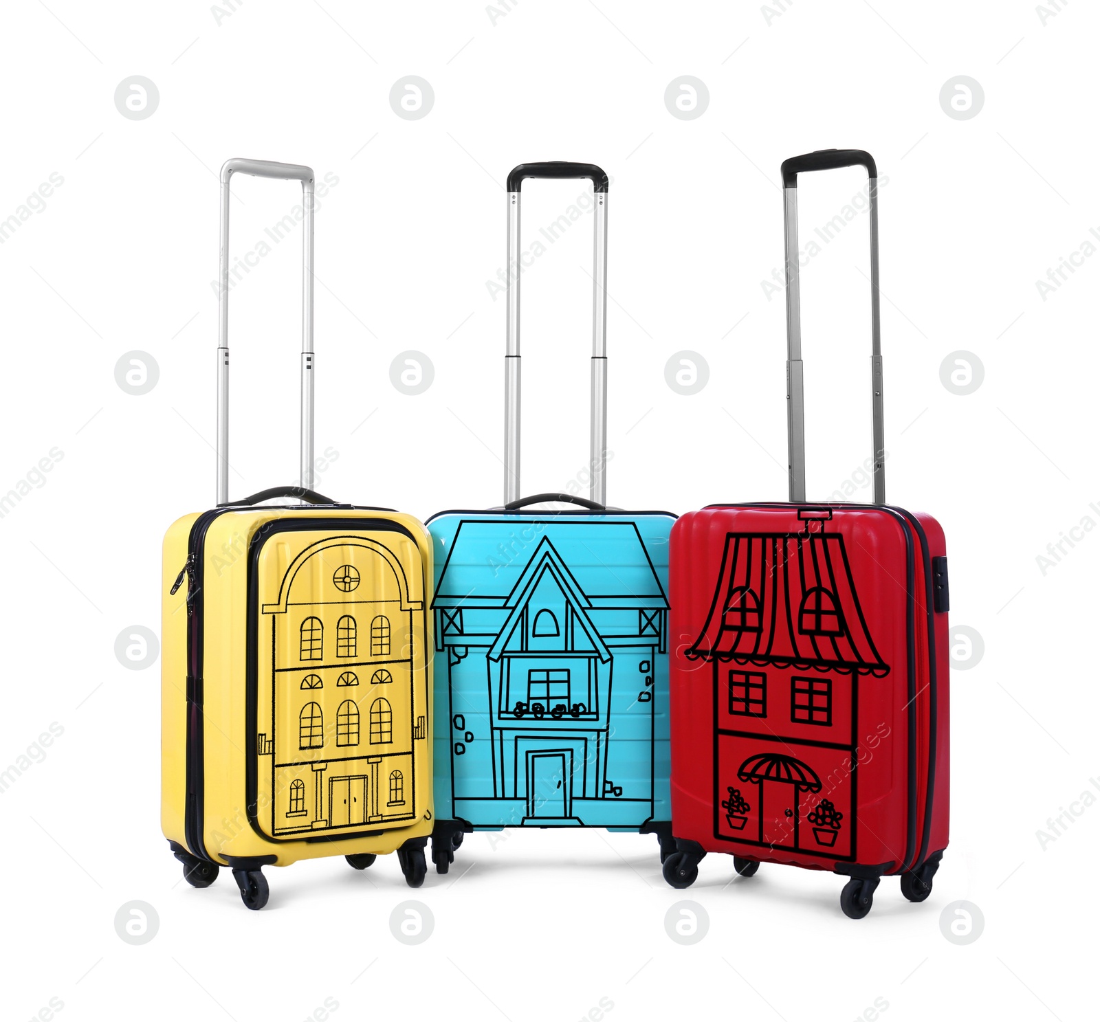 Image of Different suitcases with drawings of houses on white background. Moving concept