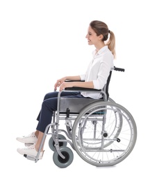 Photo of Young woman in wheelchair isolated on white