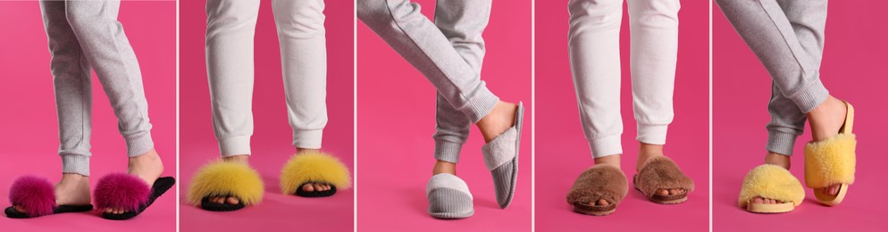 Image of Collage with photos of women wearing stylish slippers on pink background, closeup. Banner design