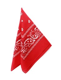 Photo of Folded red bandana with paisley pattern isolated on white, top view