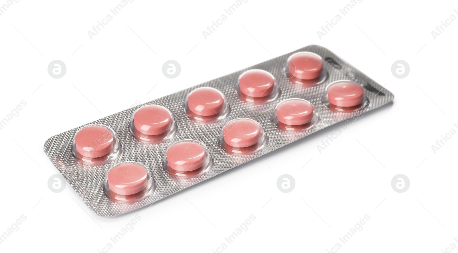 Photo of Pills in blister pack on white background. Medical treatment