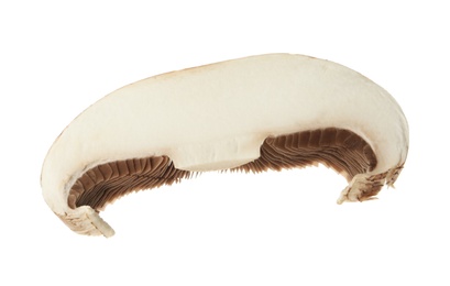 Photo of Slice of raw mushroom on white background