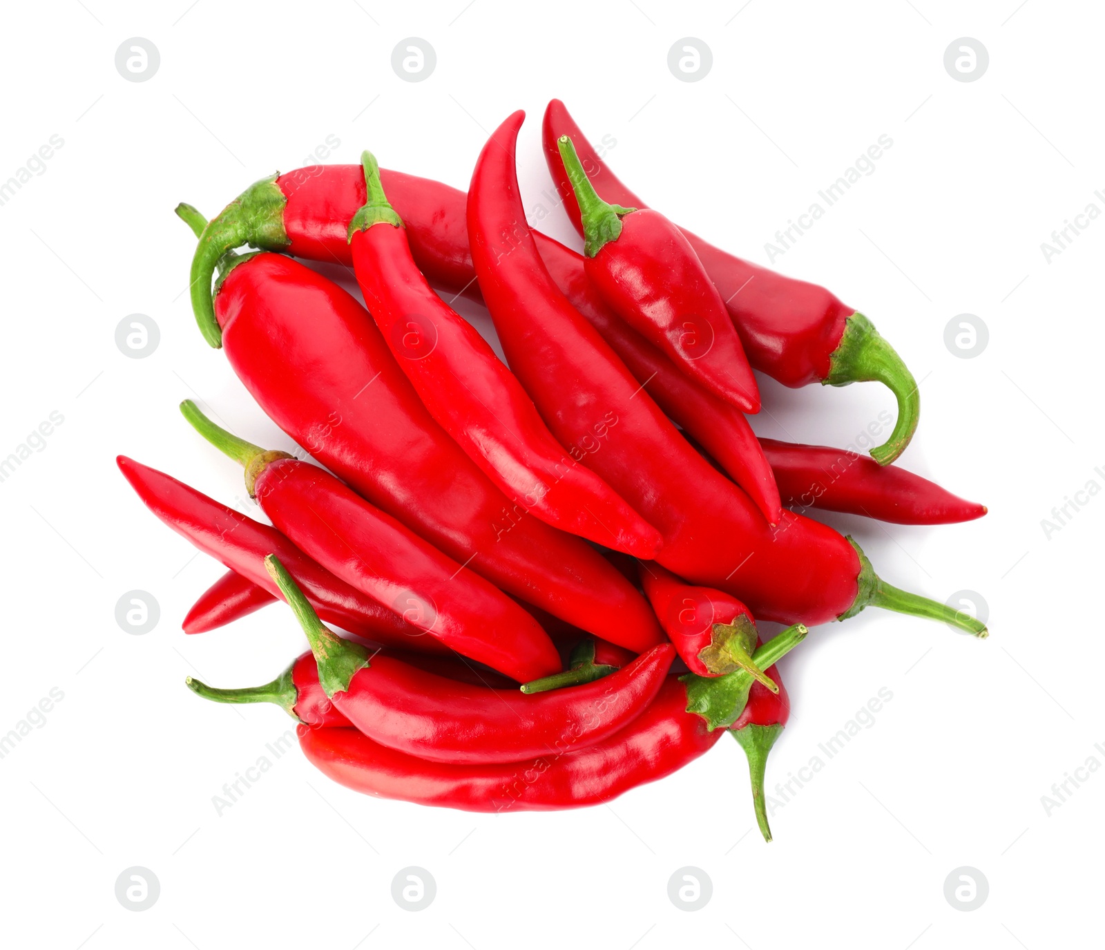 Photo of Heap of red chili peppers on white background