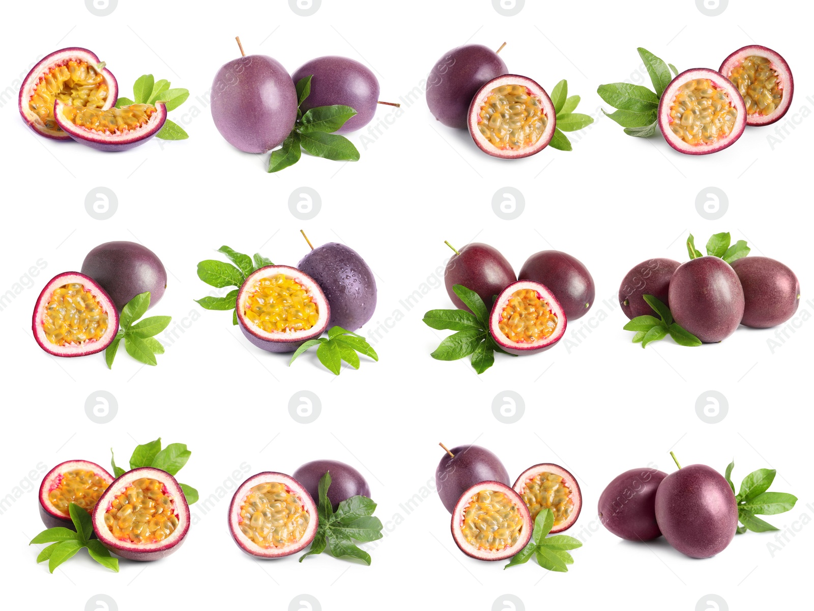 Image of Set with delicious passion fruits on white background