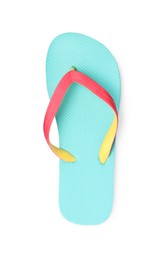 Photo of Single turquoise flip flop isolated on white, top view