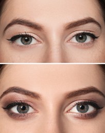Image of Collage with photoswoman with black eyeliner, closeup view  