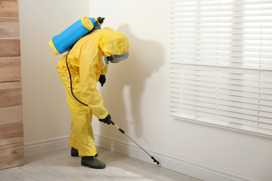 Photo of Pest control worker in protective suit spraying insecticide on floor at home. Space for text