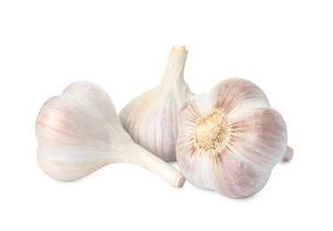 Fresh organic garlic bulbs on white background