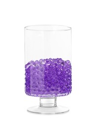 Violet filler in glass vase isolated on white. Water beads