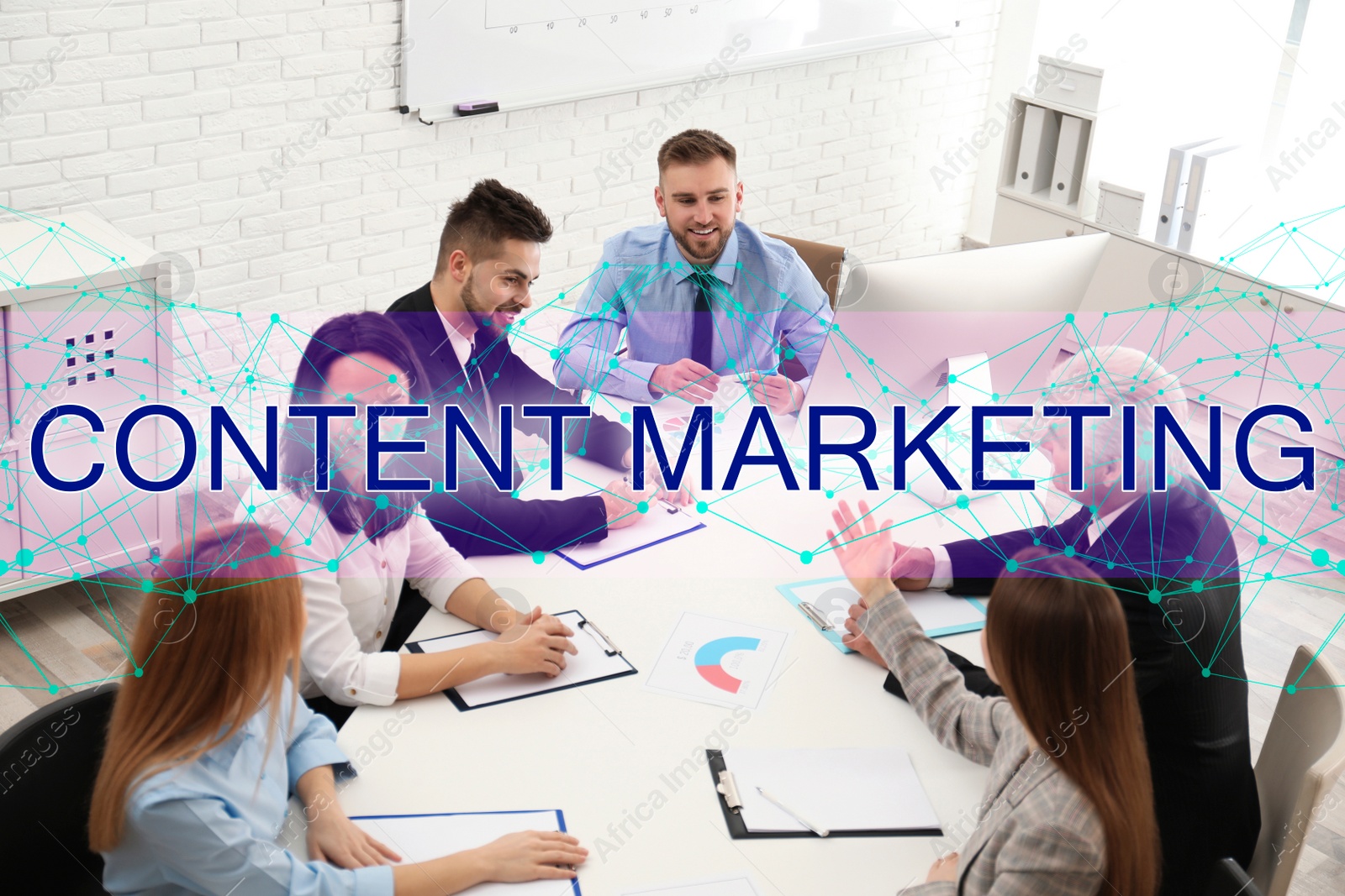 Image of Content marketing strategy. Team of professionals working together at table in office