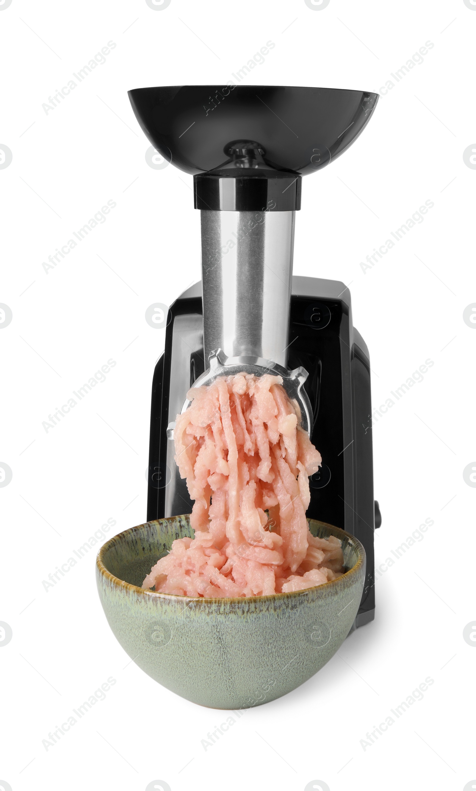 Photo of Electric meat grinder with chicken mince and bowl isolated on white