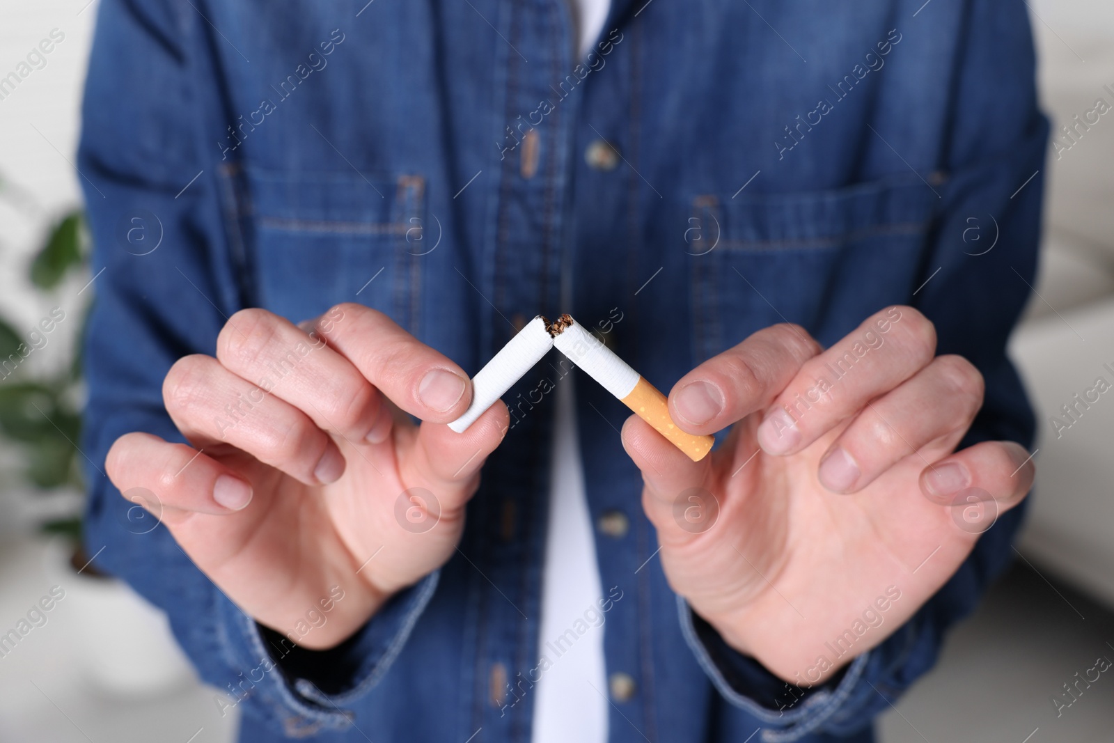 Photo of Woman breaking cigarette on blurred background, closeup. Stop smoking concept