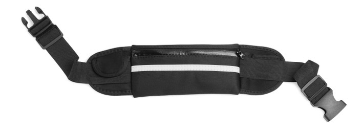 Stylish black waist bag isolated on white, top view