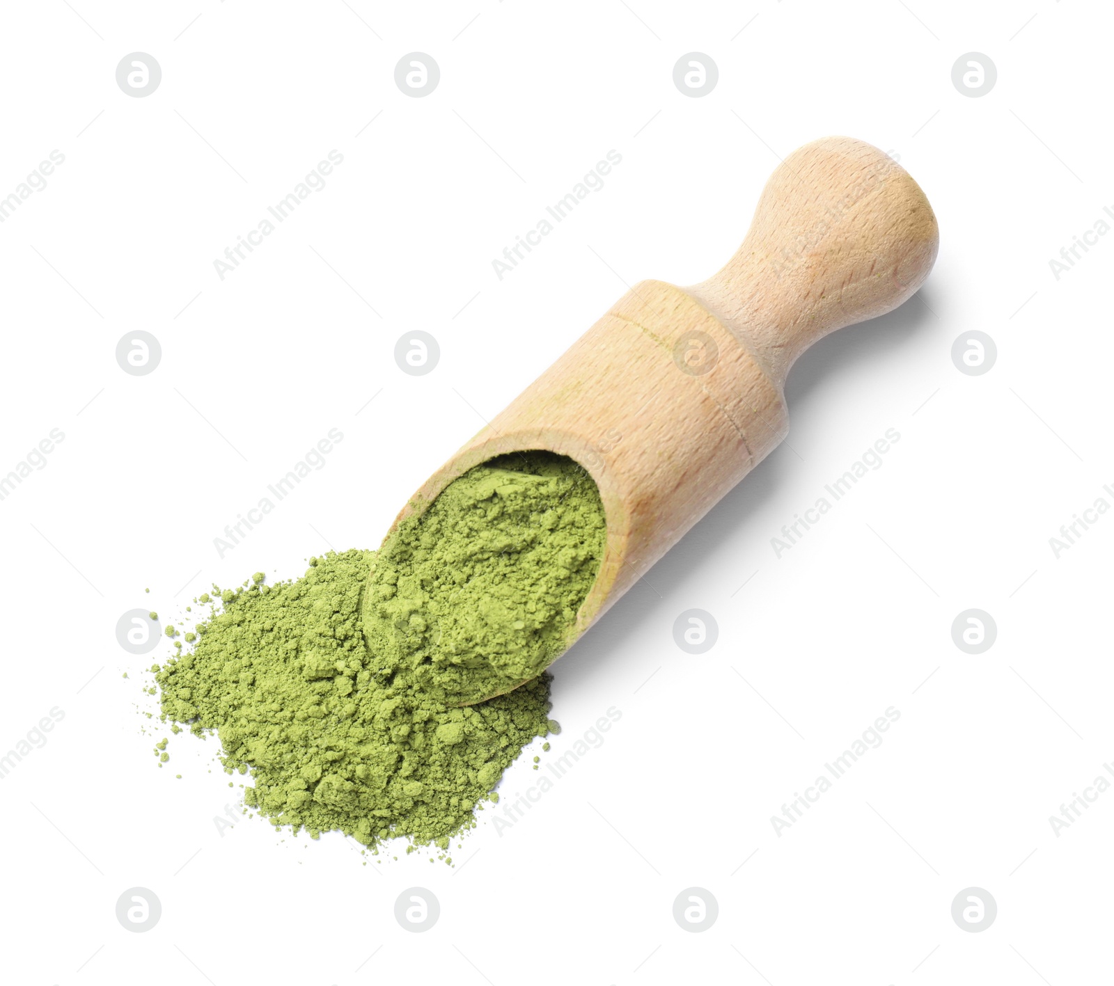 Photo of Scoop of green matcha powder isolated on white, top view