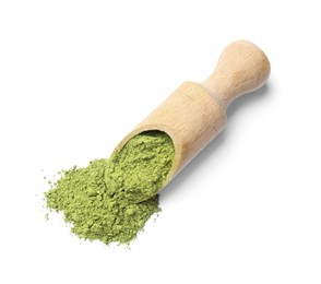 Photo of Scoop of green matcha powder isolated on white, top view