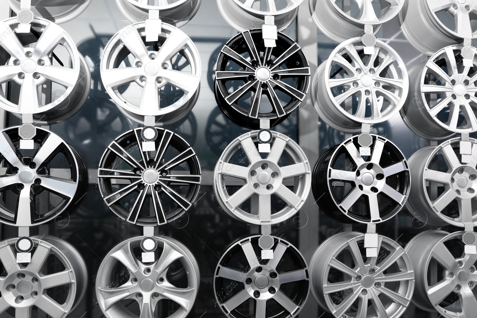 Photo of Alloy wheels on display in auto store