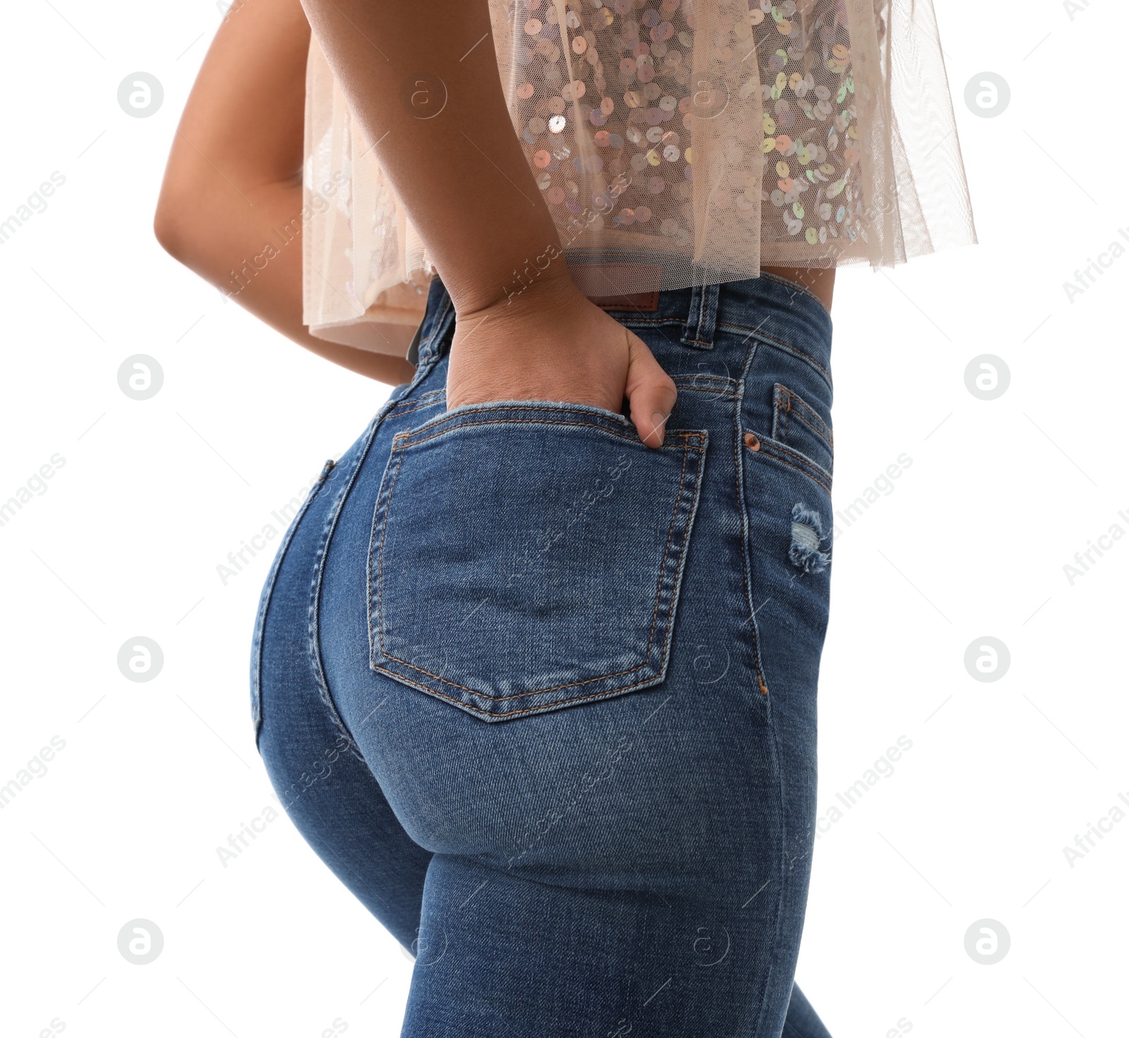 Photo of Woman wearing jeans on white background, closeup