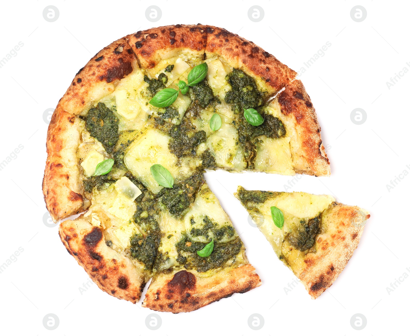 Photo of Delicious pizza with pesto, cheese and basil on white background, top view