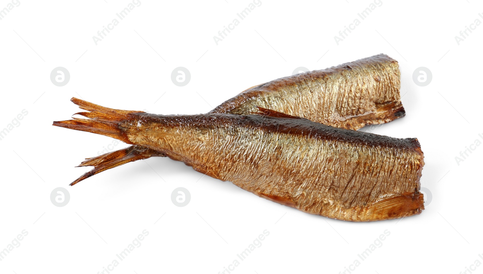 Photo of Two tasty smoked sprats isolated on white