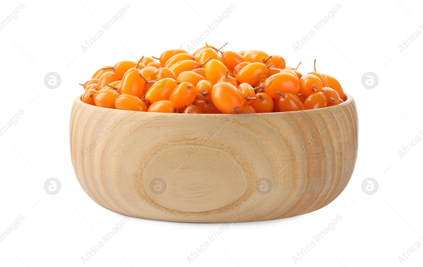 Photo of Fresh ripe sea buckthorn berries in bowl on white background