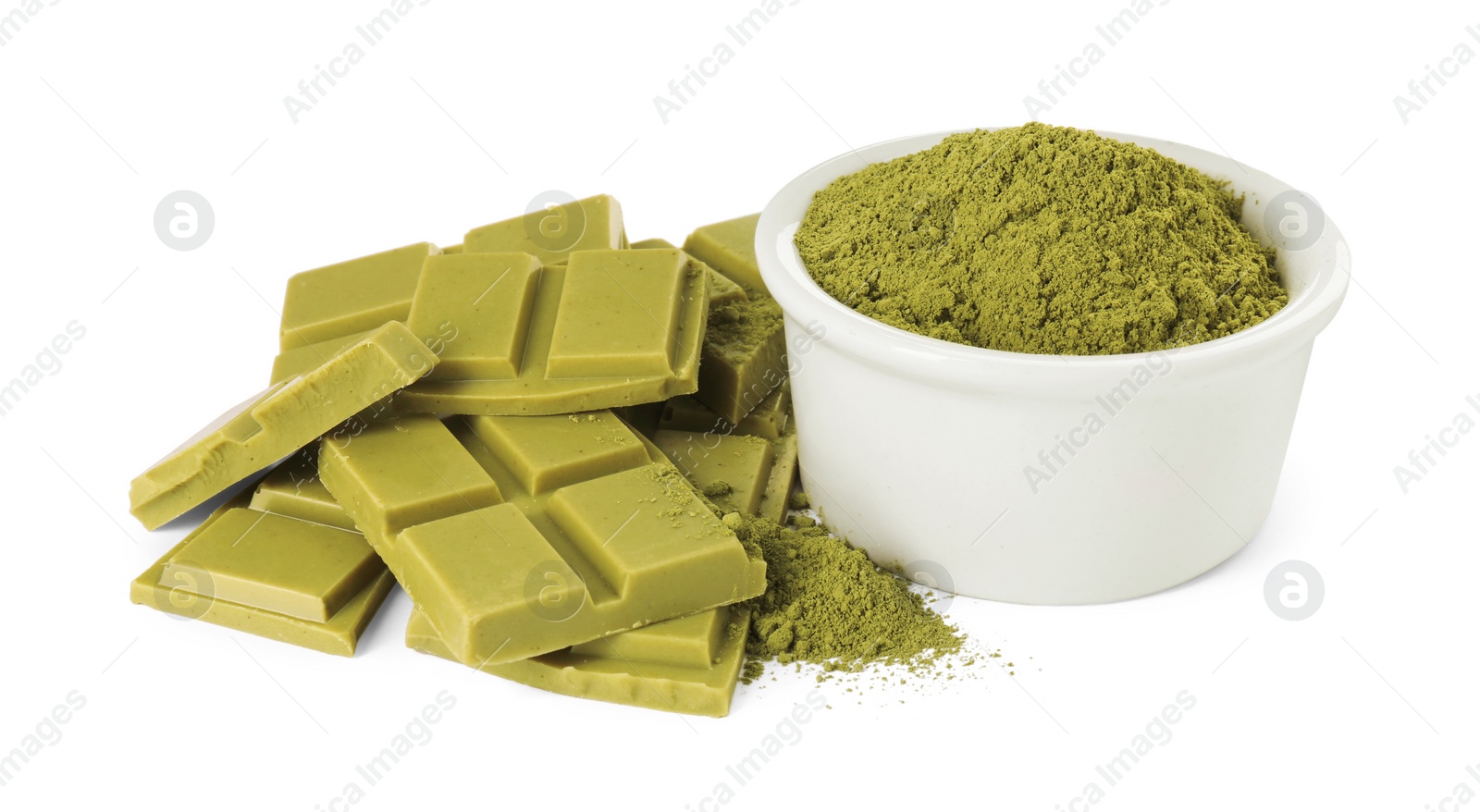 Photo of Pieces of tasty matcha chocolate bar and powder isolated on white