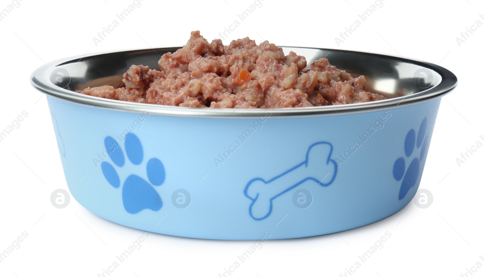 Photo of Wet pet food in feeding bowl isolated on white