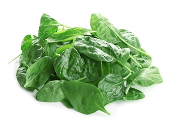 Heap of fresh green healthy baby spinach leaves isolated on white