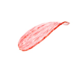 Slice of tasty salami on white background