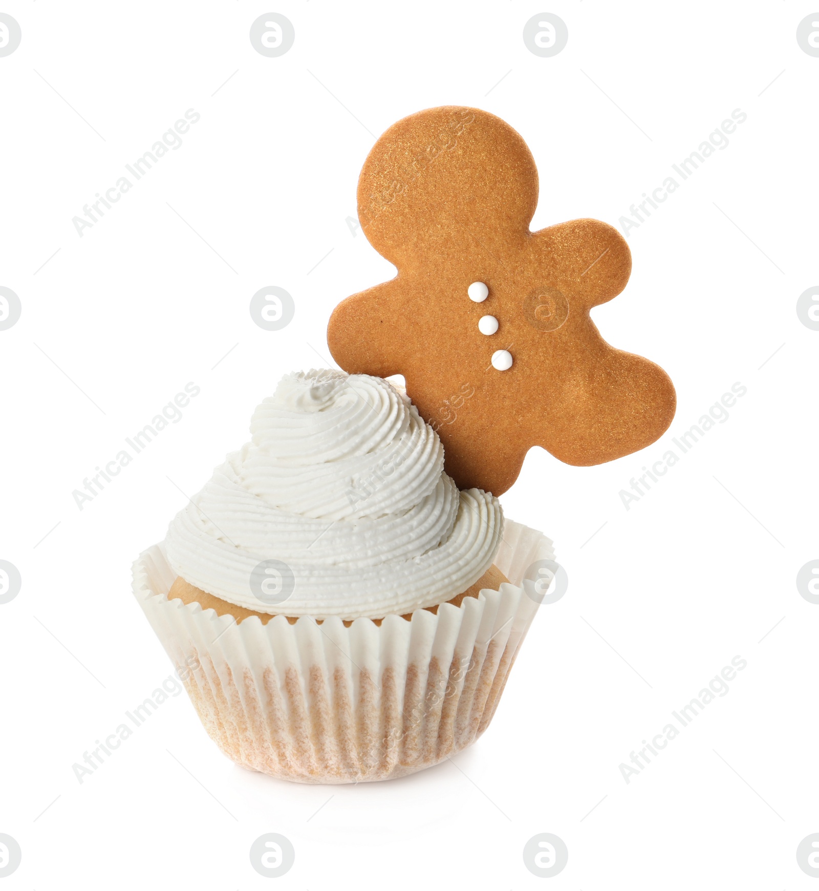 Photo of Tasty Christmas cupcake with gingerbread man isolated on white