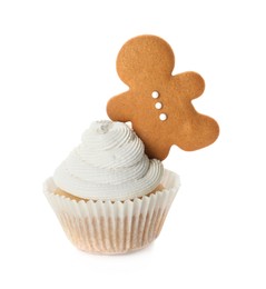 Photo of Tasty Christmas cupcake with gingerbread man isolated on white