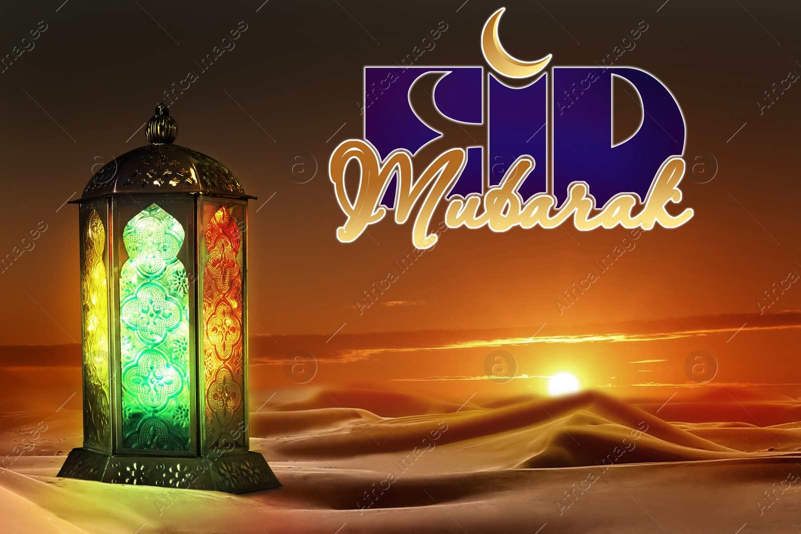 Image of Eid Mubarak greeting card. Beautiful Muslim lantern on sand at sunset