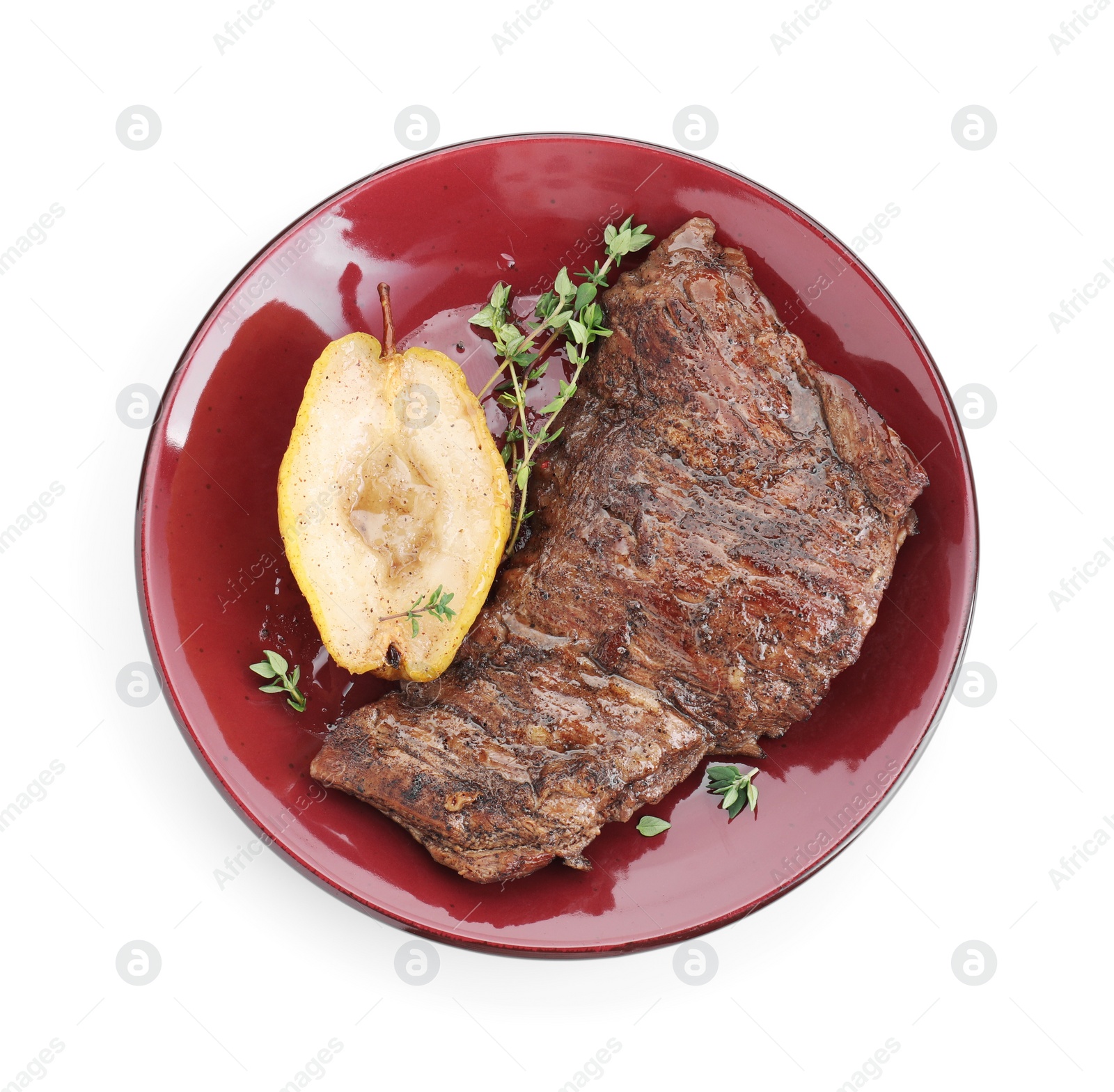 Photo of Delicious roasted beef meat, caramelized pear and thyme isolated on white, top view