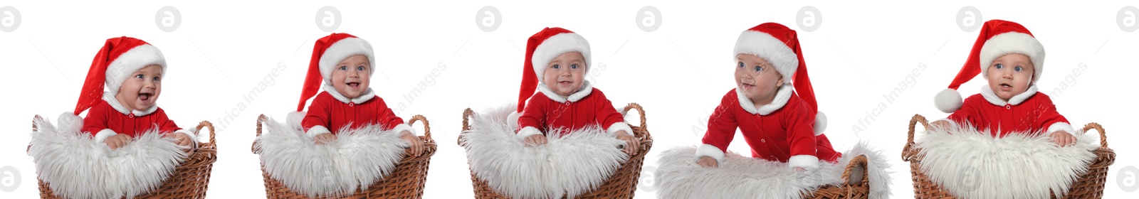 Image of Collage with photos of cute baby in wicker basket on white background, banner design. First Christmas 