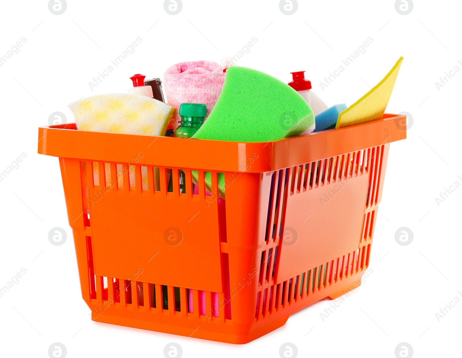 Photo of Shopping basket full of detergents on white background