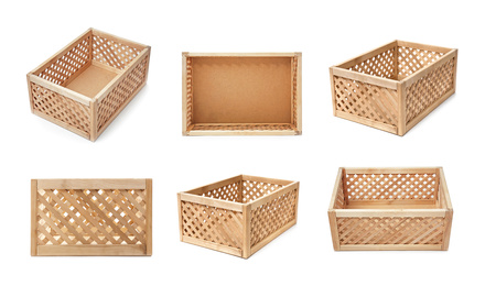 Image of Set of wooden crates on white background. Banner design 