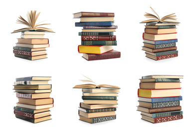 Image of Collection of different retro books on white background