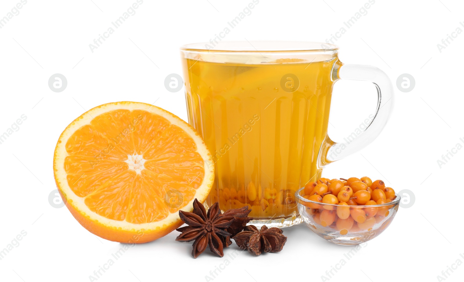 Photo of Glass cup of immunity boosting drink and ingredients on white background