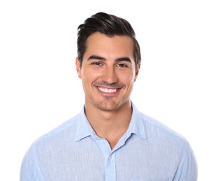 Photo of Portrait of handsome young man on white background