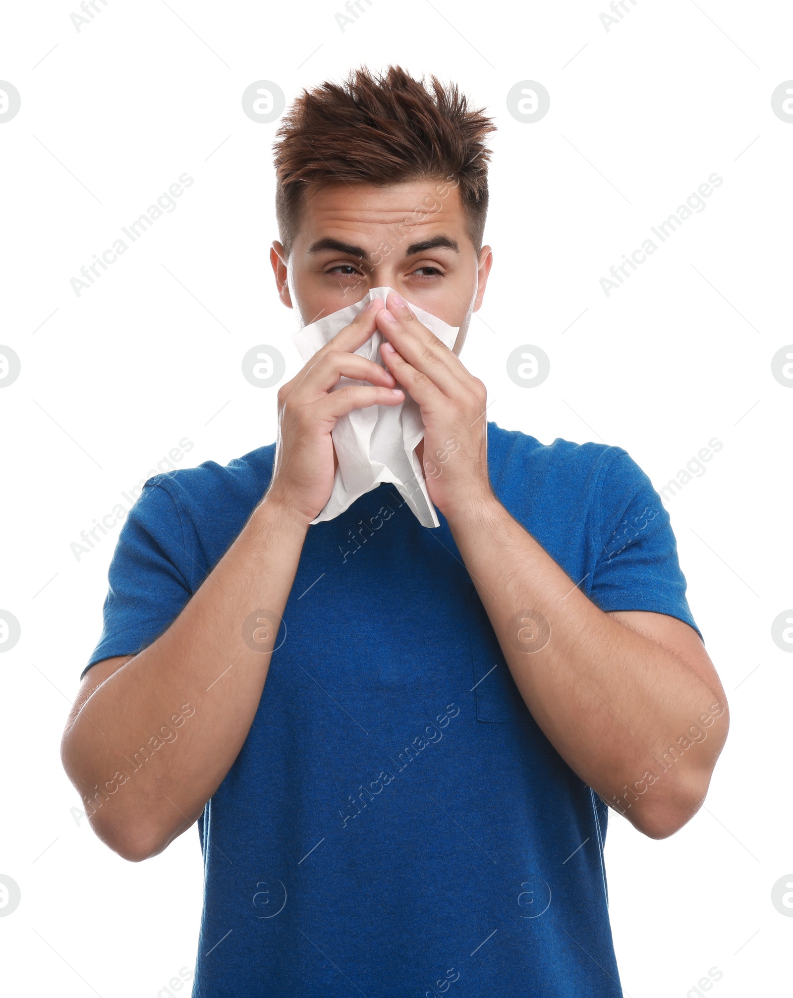 Photo of Young man suffering from allergy on white background