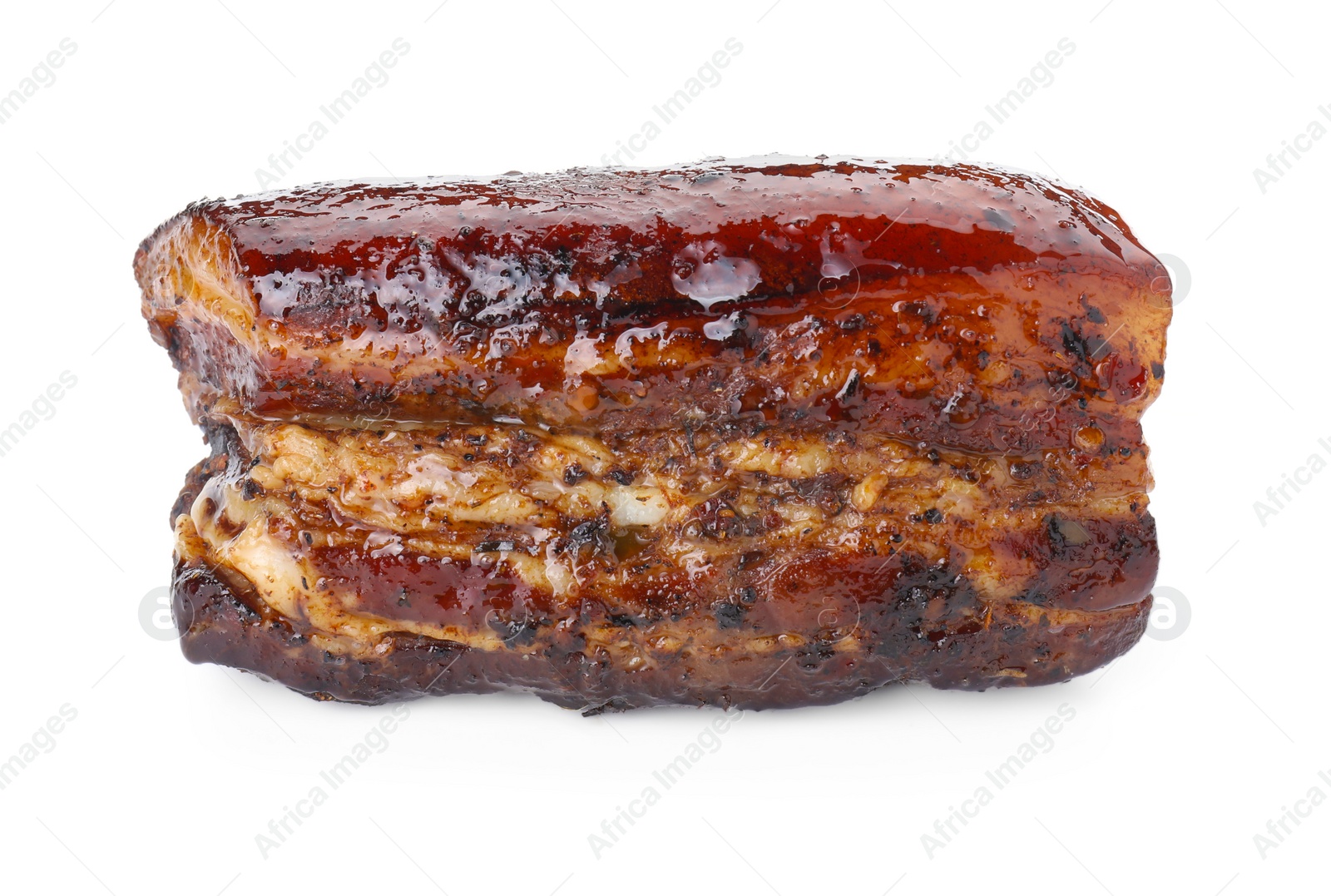 Photo of Piece of tasty baked pork belly isolated on white