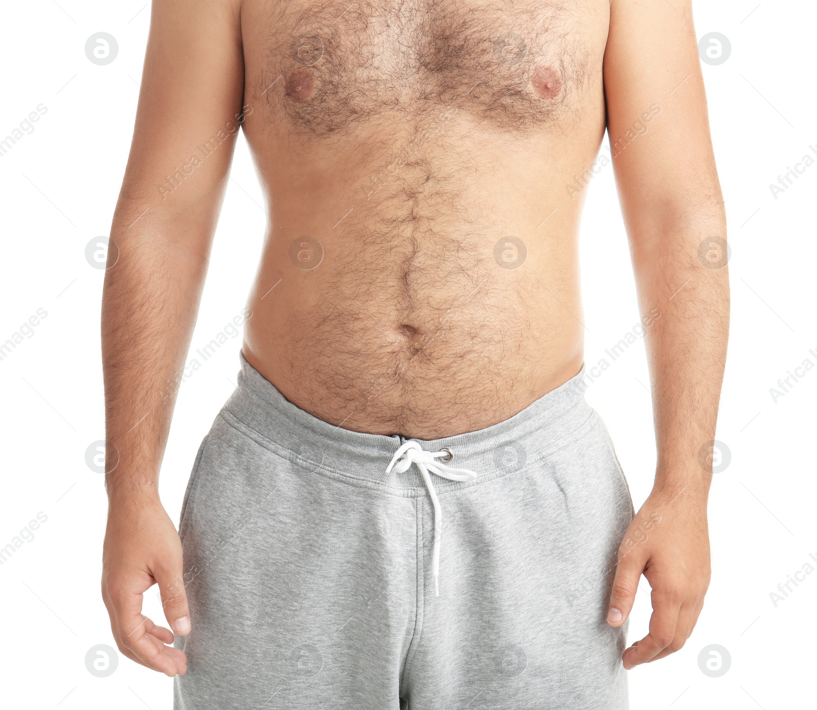 Photo of Overweight man on white background, closeup view