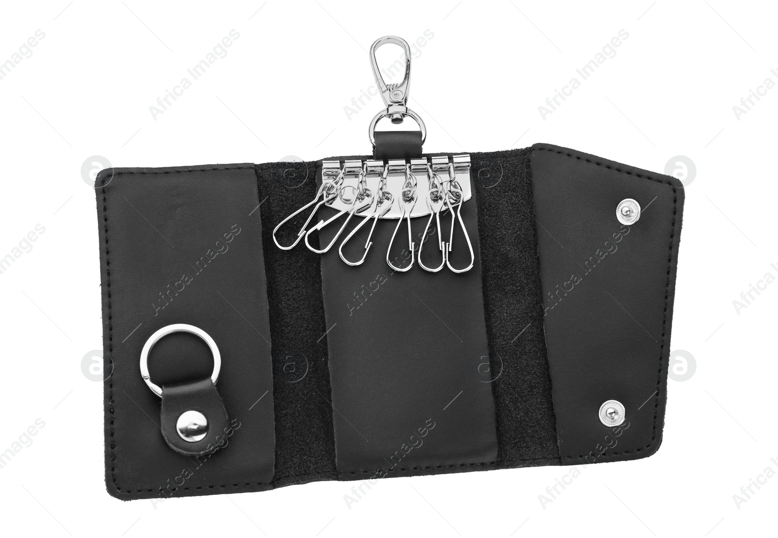 Photo of Stylish leather key holder isolated on white, top view