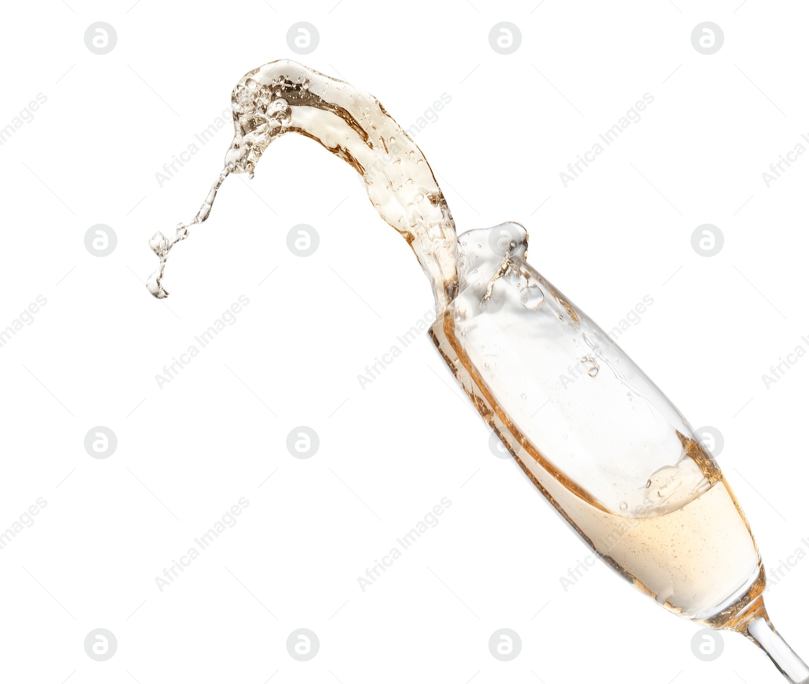 Photo of Glass of champagne on white background. Festive drink