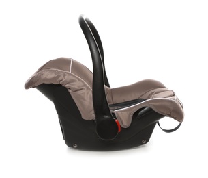 Brown child safety seat on white background