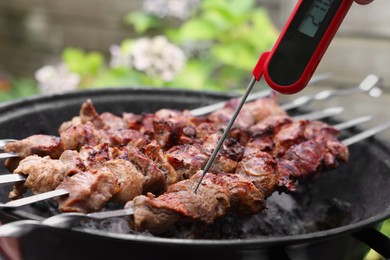 Photo of Man measuring temperature of delicious kebab on metal brazier outdoors, closeup