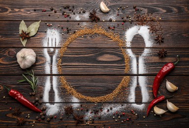 Photo of Beautiful flat lay composition with different spices, silhouettes of cutlery and plate on wooden background. Space for text