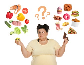 Overweight woman choosing between healthy and unhealthy food on white background