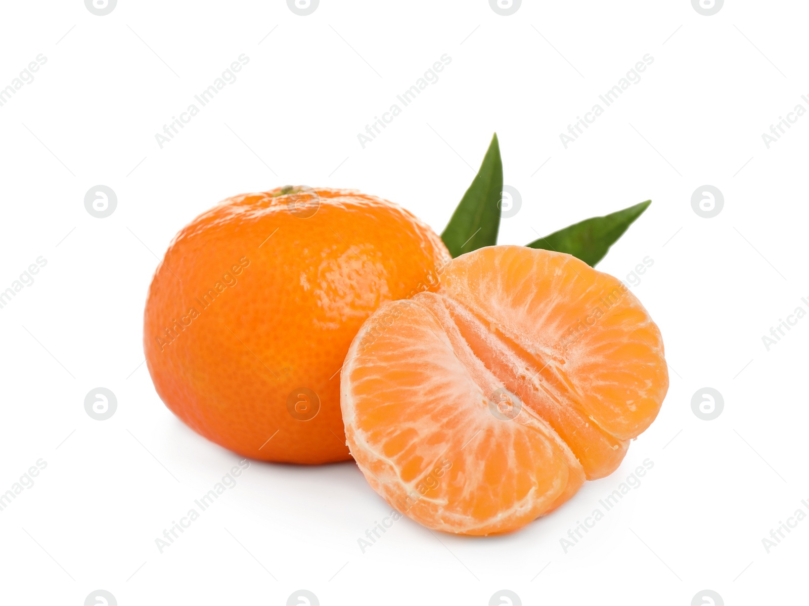 Photo of Fresh juicy tangerines with green leaves isolated on white